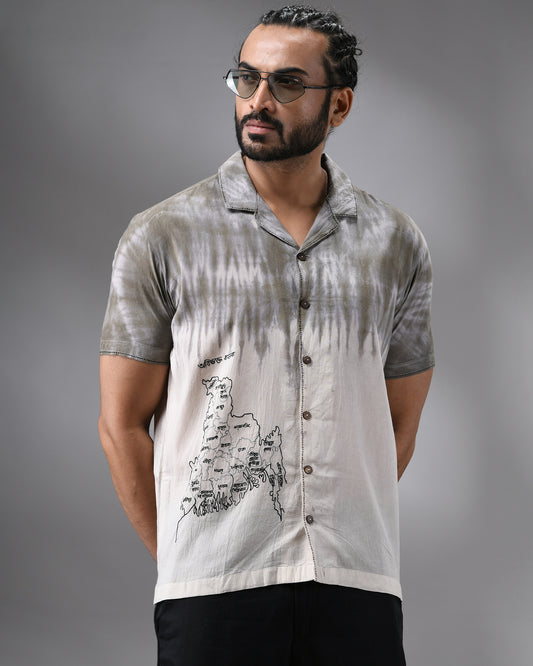 Obibhokto Bangla - Naturally dye Thread Embroidery Half Sleeve Cuban Collar Shirt 100% Cotton for Men (Unisex)