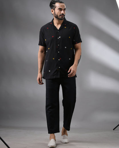 Ocean - Khadi Black Thread Embroidery Half Sleeve Cuban Collar Shirt 100% Cotton for Men (Unisex)