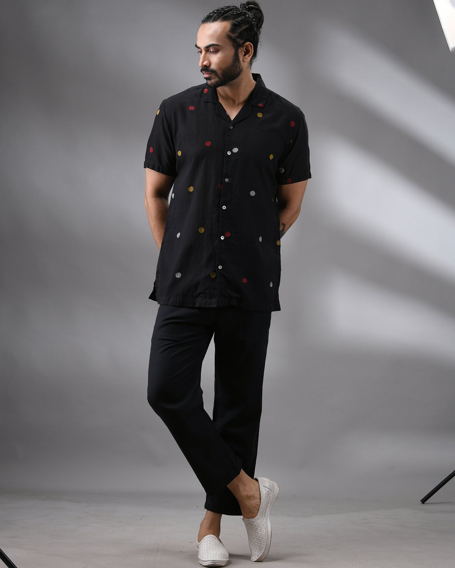 Ocean - Khadi Black Thread Embroidery Half Sleeve Cuban Collar Shirt 100% Cotton for Men (Unisex)