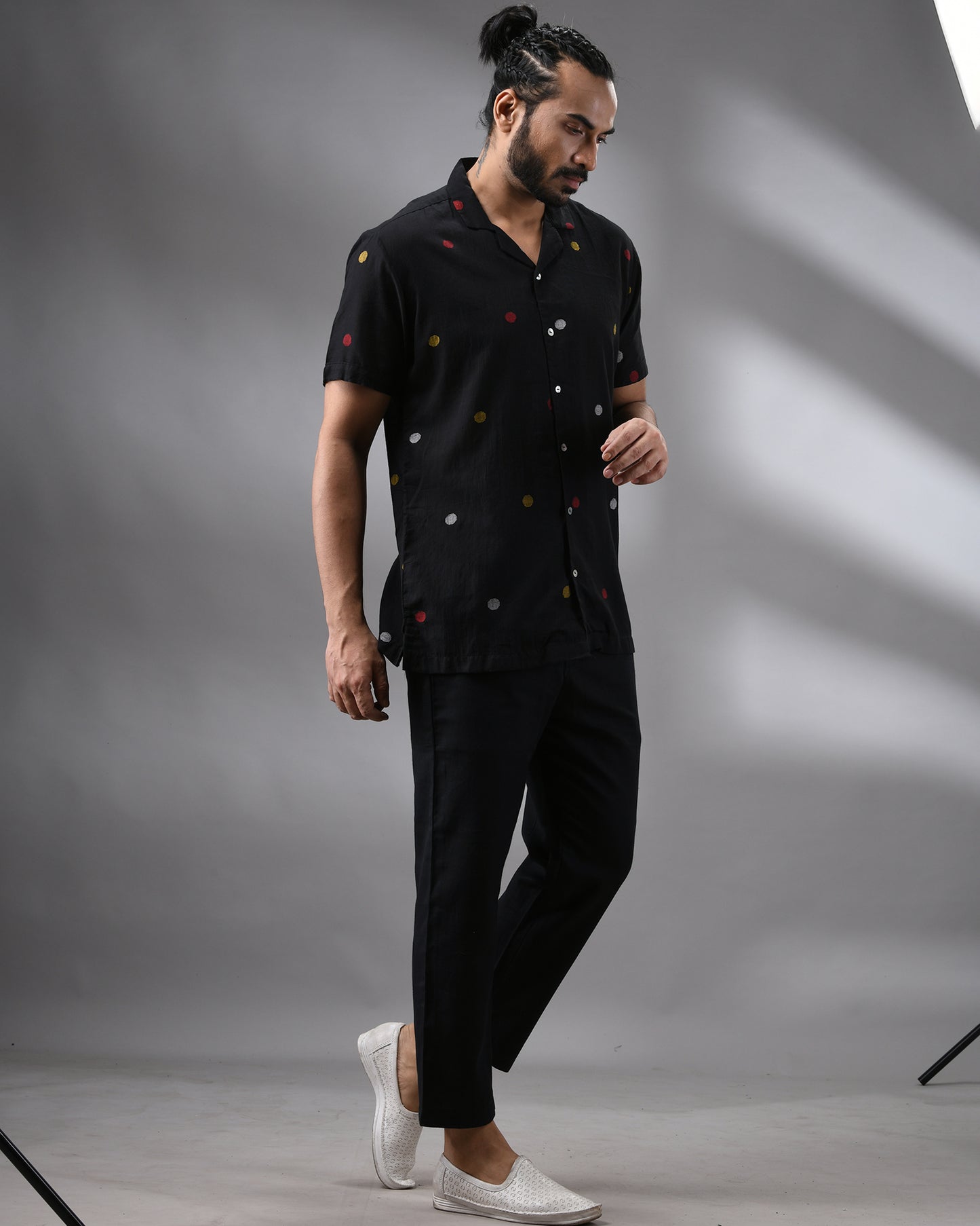 Ocean - Khadi Black Thread Embroidery Half Sleeve Cuban Collar Shirt 100% Cotton for Men (Unisex)
