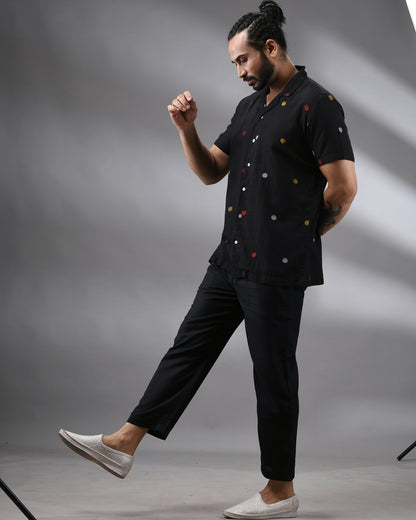 Ocean - Khadi Black Thread Embroidery Half Sleeve Cuban Collar Shirt 100% Cotton for Men (Unisex)