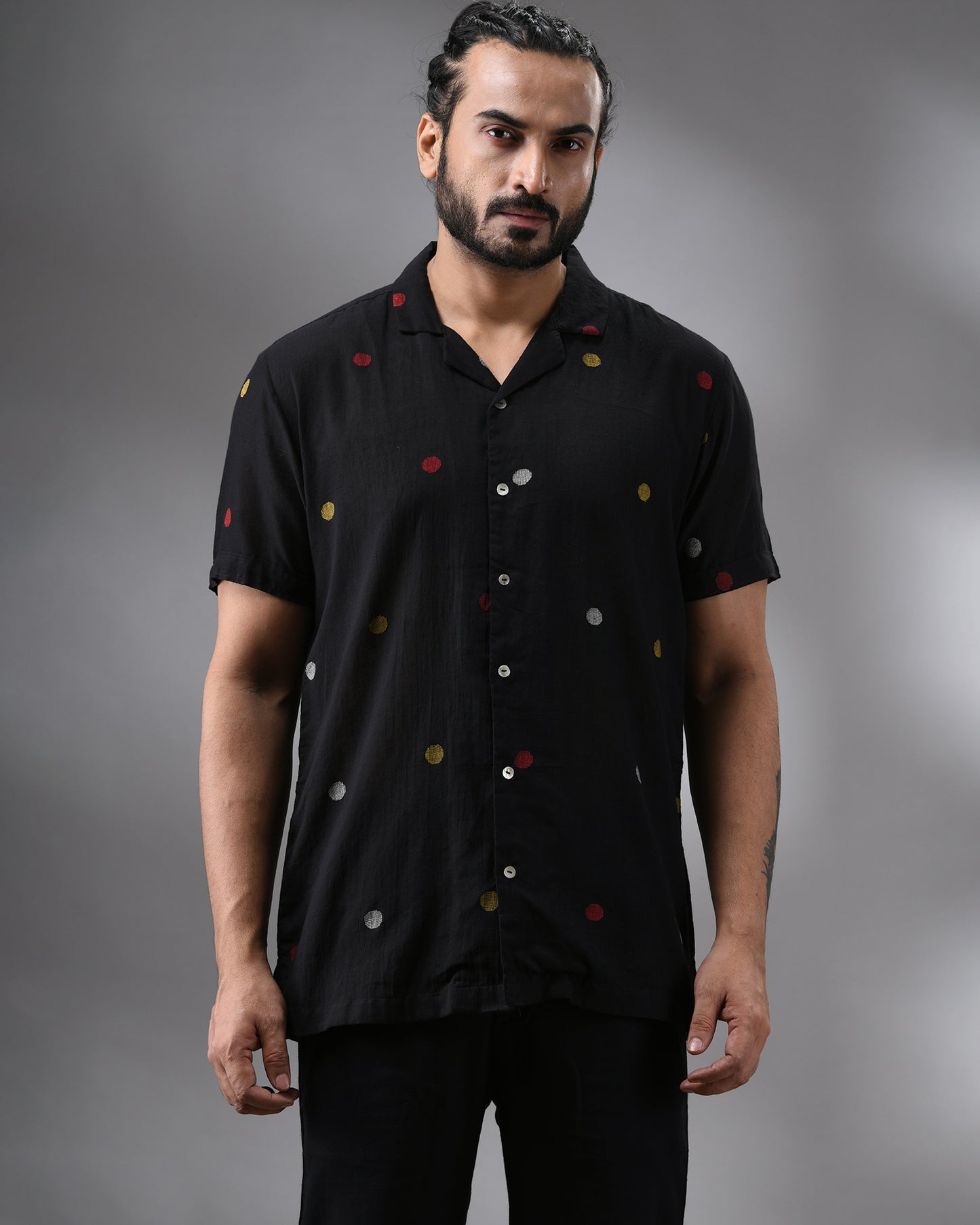 Ocean - Khadi Black Thread Embroidery Half Sleeve Cuban Collar Shirt 100% Cotton for Men (Unisex)