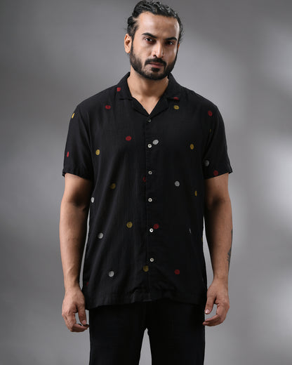 Ocean - Khadi Black Thread Embroidery Half Sleeve Cuban Collar Shirt 100% Cotton for Men (Unisex)