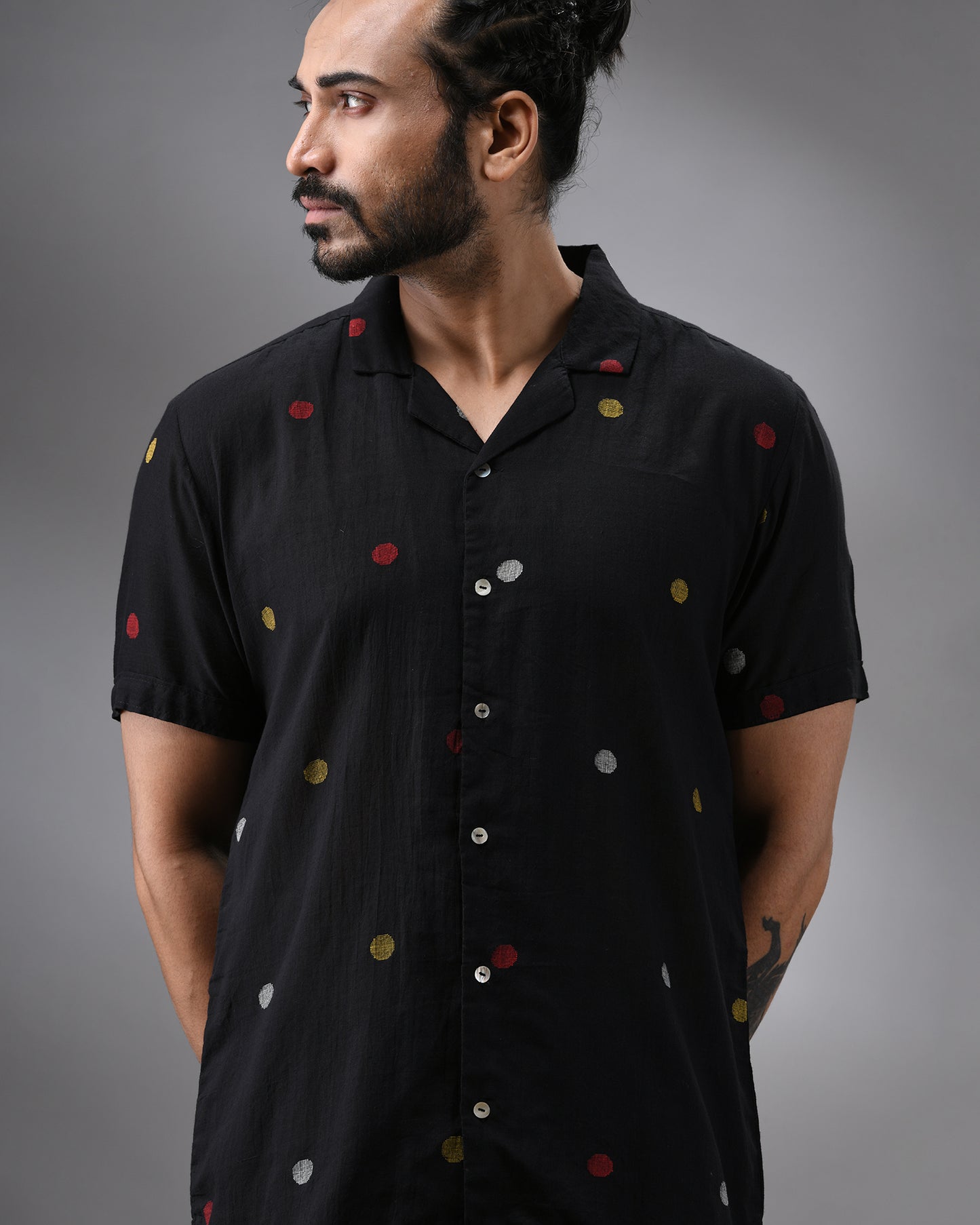 Ocean - Khadi Black Thread Embroidery Half Sleeve Cuban Collar Shirt 100% Cotton for Men (Unisex)