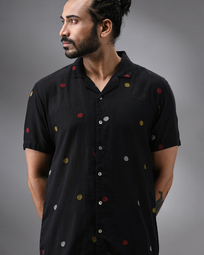Ocean - Khadi Black Thread Embroidery Half Sleeve Cuban Collar Shirt 100% Cotton for Men (Unisex)
