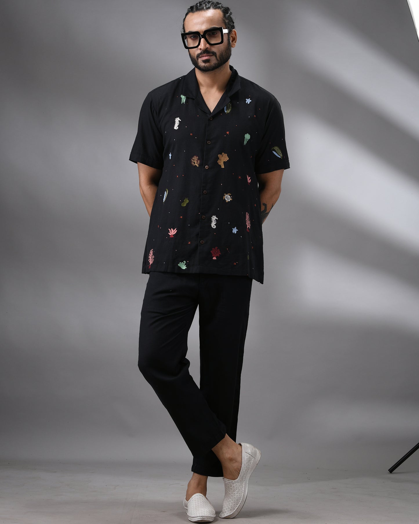 Ocean - Khadi Black Thread Embroidery Half Sleeve Cuban Collar Shirt 100% Cotton for Men (Unisex)