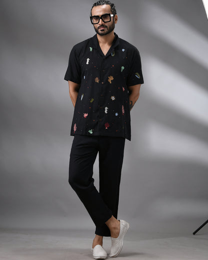 Ocean - Khadi Black Thread Embroidery Half Sleeve Cuban Collar Shirt 100% Cotton for Men (Unisex)