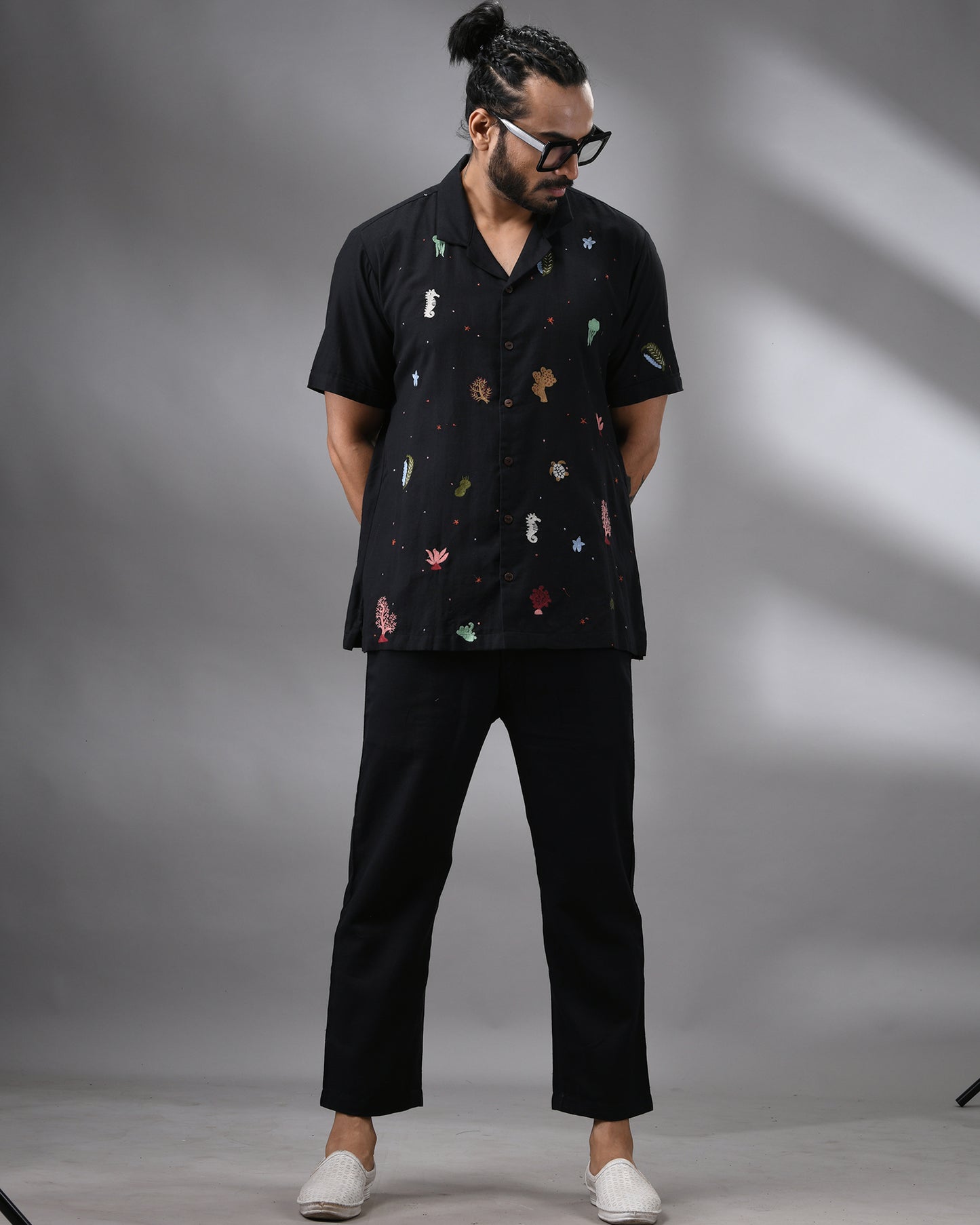 Ocean - Khadi Black Thread Embroidery Half Sleeve Cuban Collar Shirt 100% Cotton for Men (Unisex)