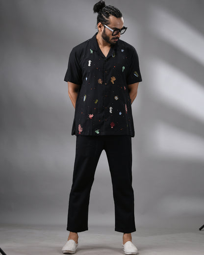 Ocean - Khadi Black Thread Embroidery Half Sleeve Cuban Collar Shirt 100% Cotton for Men (Unisex)