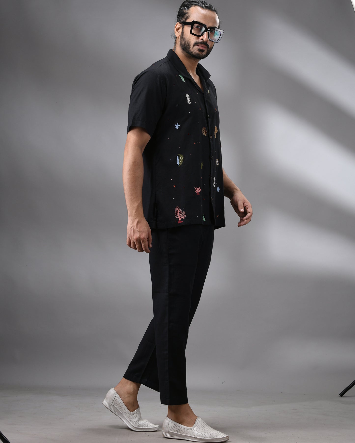 Ocean - Khadi Black Thread Embroidery Half Sleeve Cuban Collar Shirt 100% Cotton for Men (Unisex)
