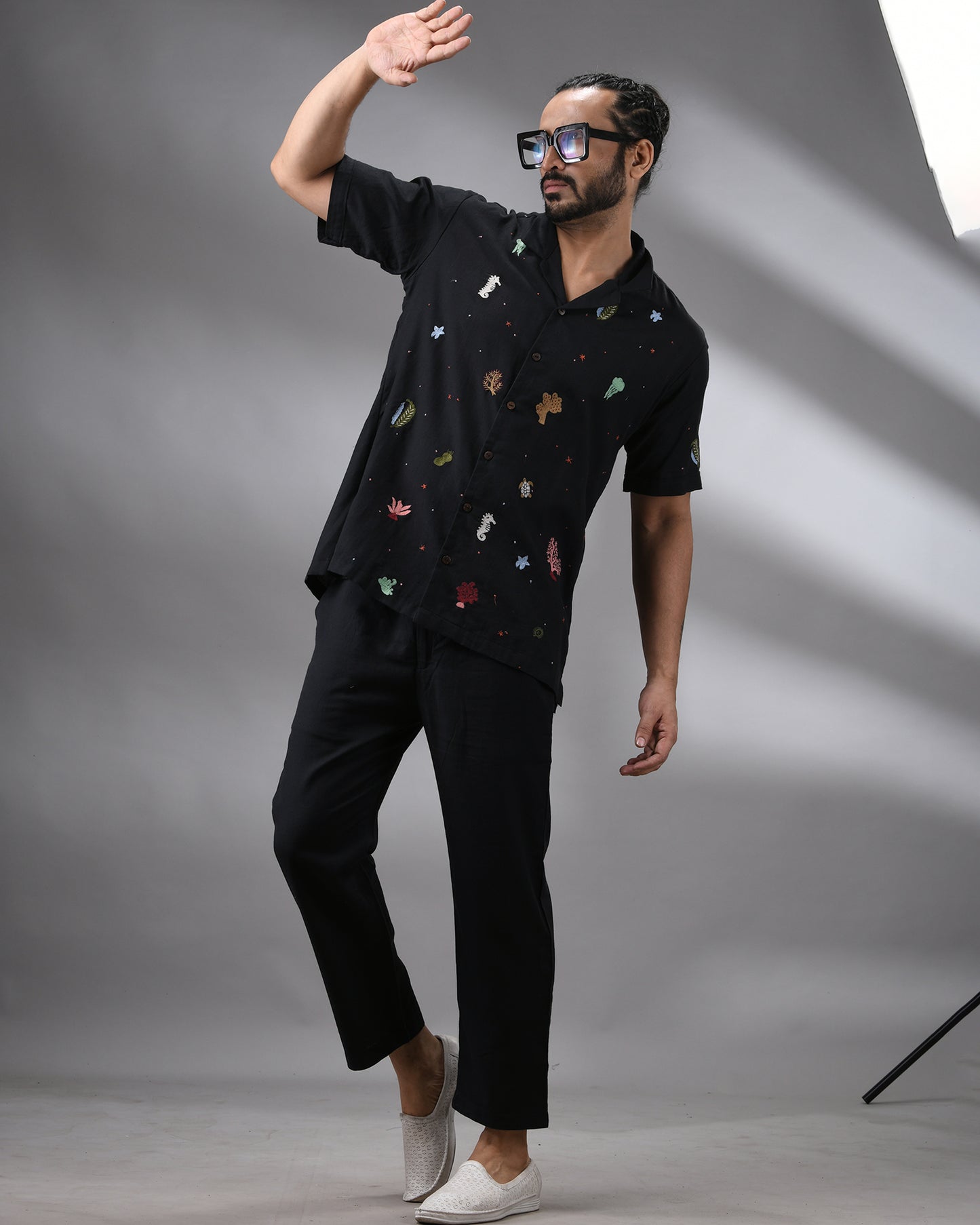 Ocean - Khadi Black Thread Embroidery Half Sleeve Cuban Collar Shirt 100% Cotton for Men (Unisex)