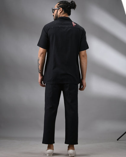 Ocean - Khadi Black Thread Embroidery Half Sleeve Cuban Collar Shirt 100% Cotton for Men (Unisex)