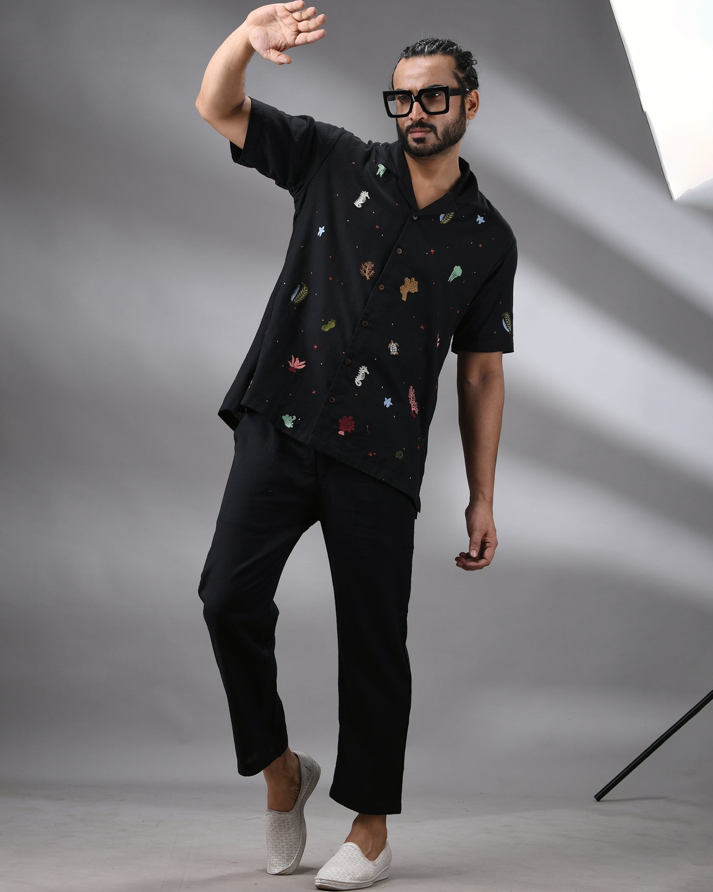 Ocean - Khadi Black Thread Embroidery Half Sleeve Cuban Collar Shirt 100% Cotton for Men (Unisex)