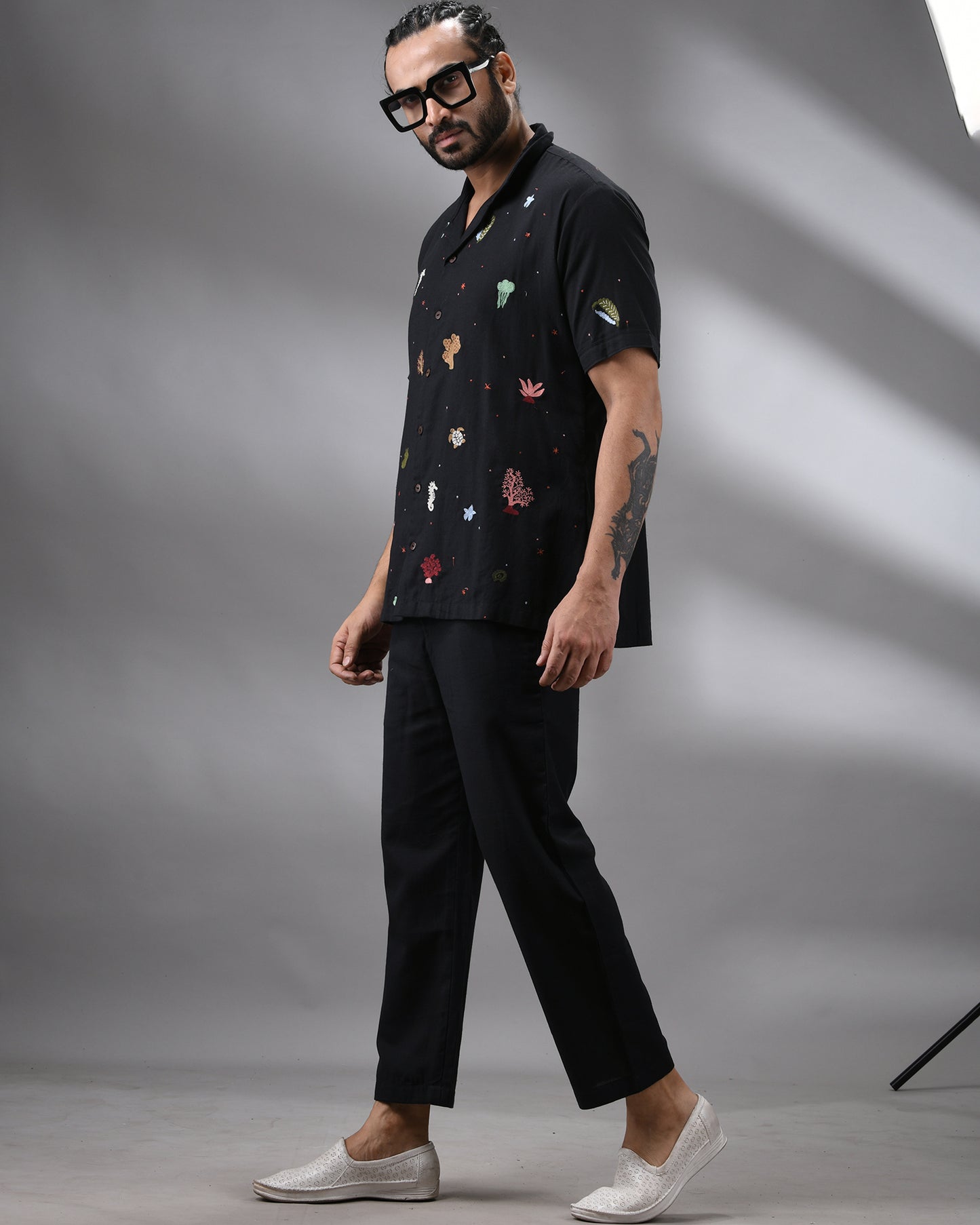 Ocean - Khadi Black Thread Embroidery Half Sleeve Cuban Collar Shirt 100% Cotton for Men (Unisex)