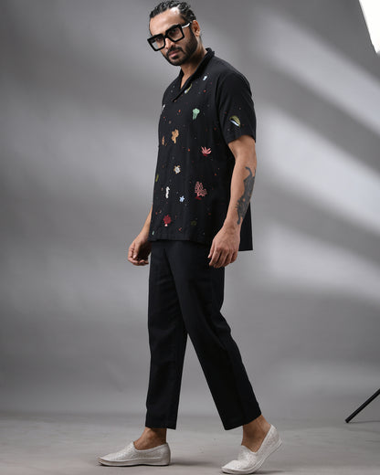 Ocean - Khadi Black Thread Embroidery Half Sleeve Cuban Collar Shirt 100% Cotton for Men (Unisex)