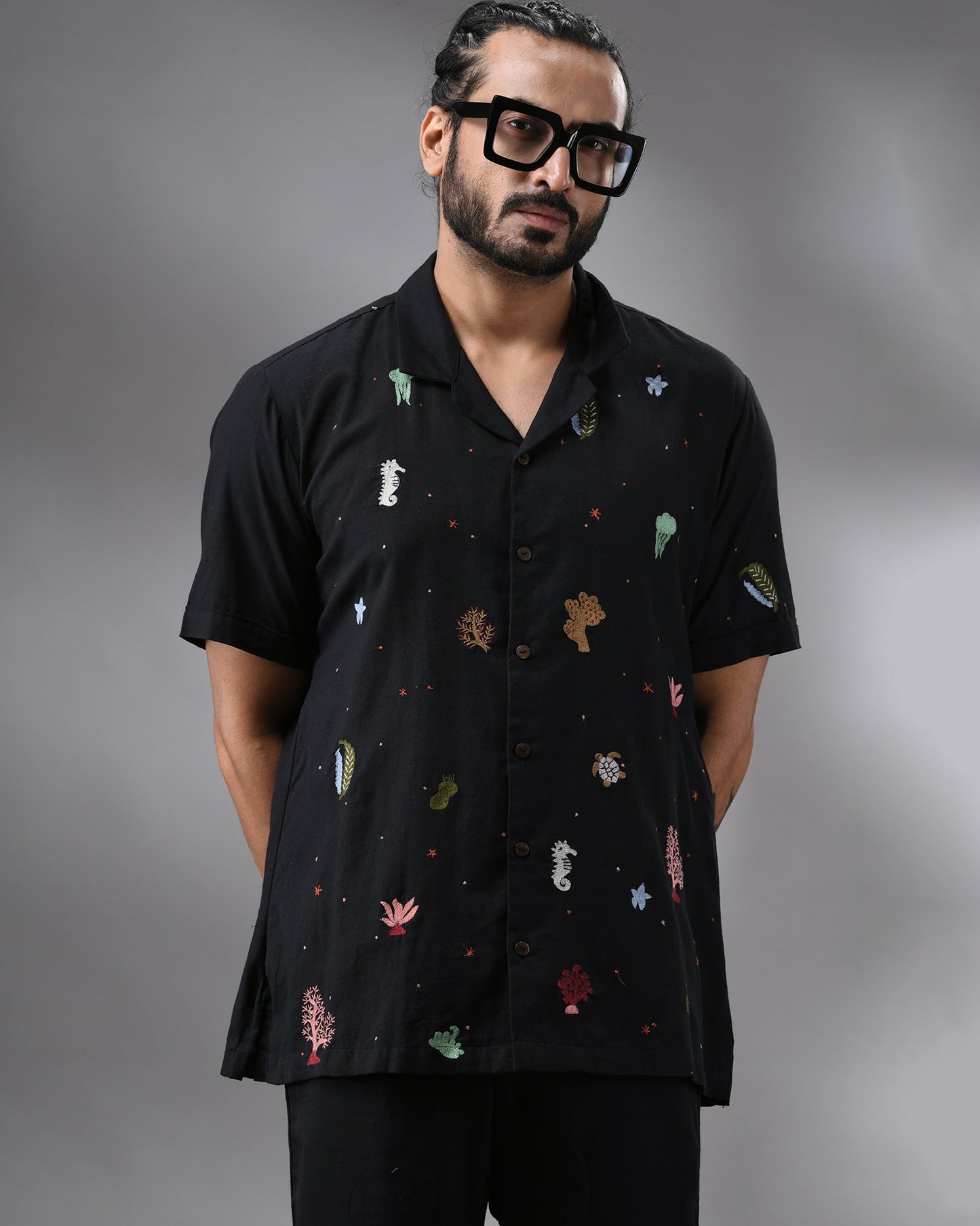 Ocean - Khadi Black Thread Embroidery Half Sleeve Cuban Collar Shirt 100% Cotton for Men (Unisex)