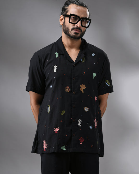 Ocean - Khadi Black Thread Embroidery Half Sleeve Cuban Collar Shirt 100% Cotton for Men (Unisex)