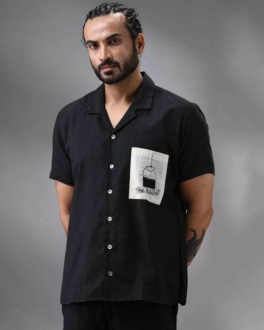 Tea Addict - Khadi Black Thread Embroidery Half Sleeve Cuban Collar Shirt 100% Cotton for Men (Unisex)