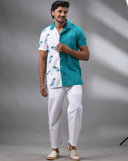 Neel Chorui - Kantha Hand Embroidery Half Sleeve Cuban Collar Shirt 100% Cotton for Men (Unisex)