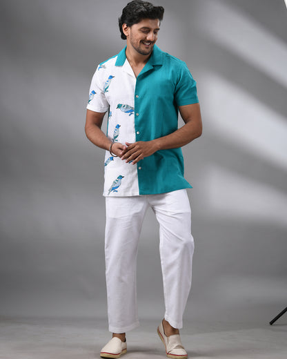 Neel Chorui - Kantha Hand Embroidery Half Sleeve Cuban Collar Shirt 100% Cotton for Men (Unisex)