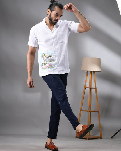 Scenery - Thread Embroidery Half Sleeve Cuban Collar Shirt 100% Cotton for Men (Unisex)