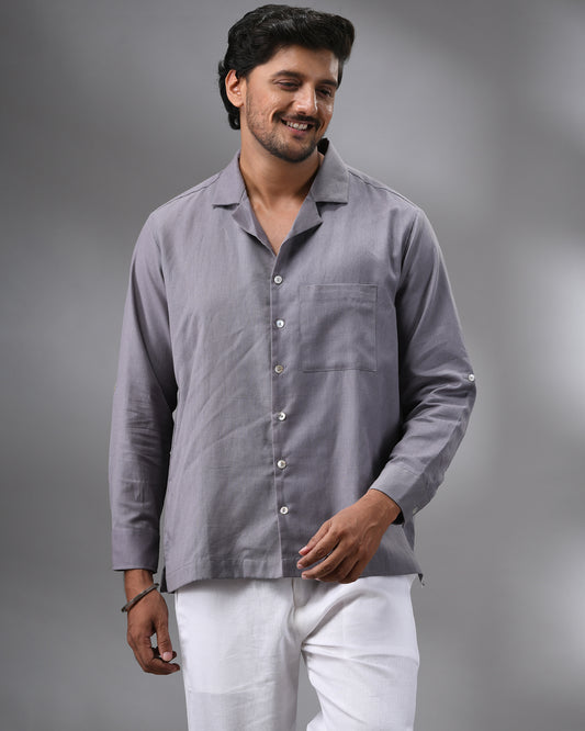 Khadi Grey Full Sleeve Cuban Collar Shirt 100% Cotton for Men (Unisex)