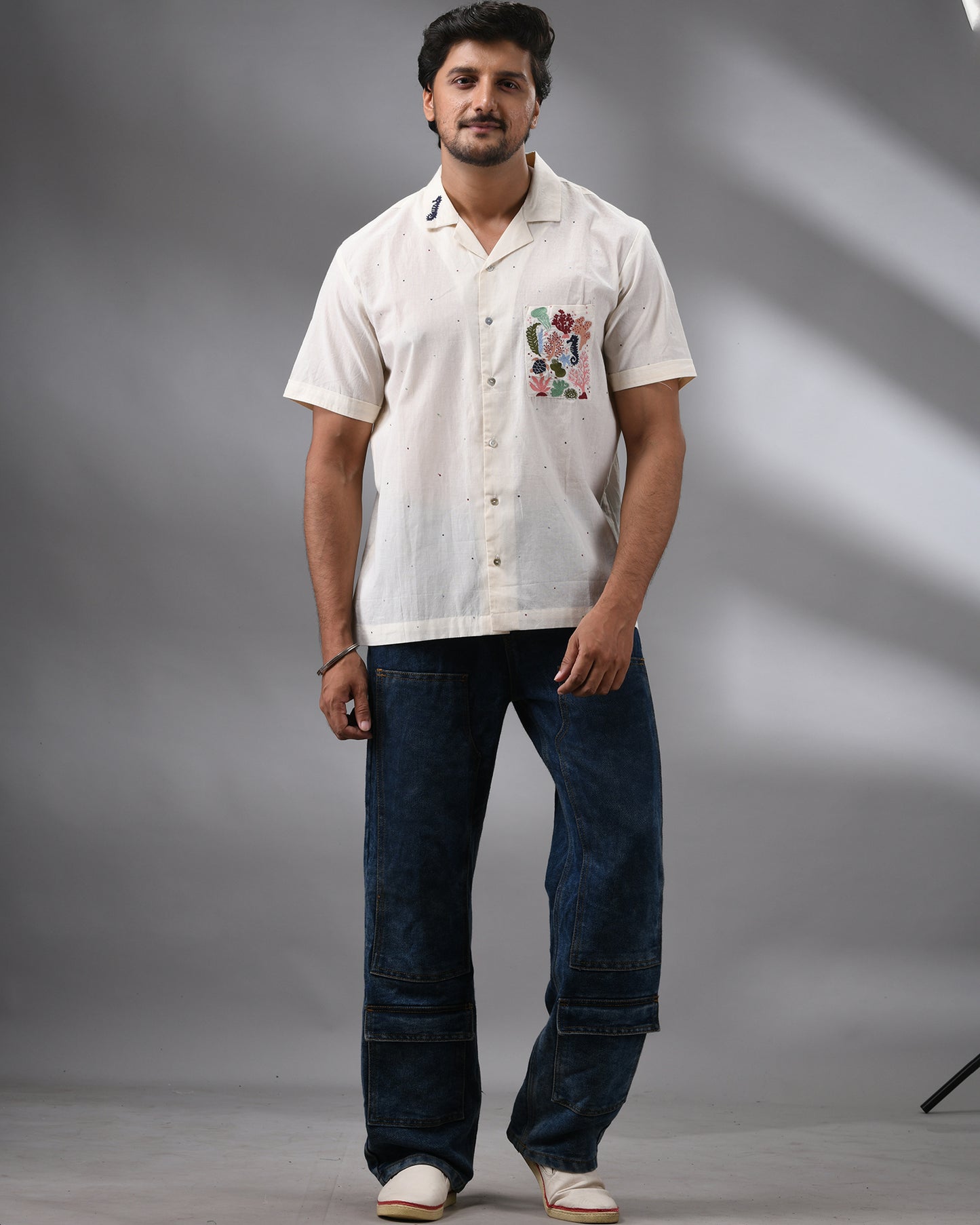 Ocean - Kora Thread Embroidery Half Sleeve Cuban Collar Shirt 100% Cotton for Men (Unisex)