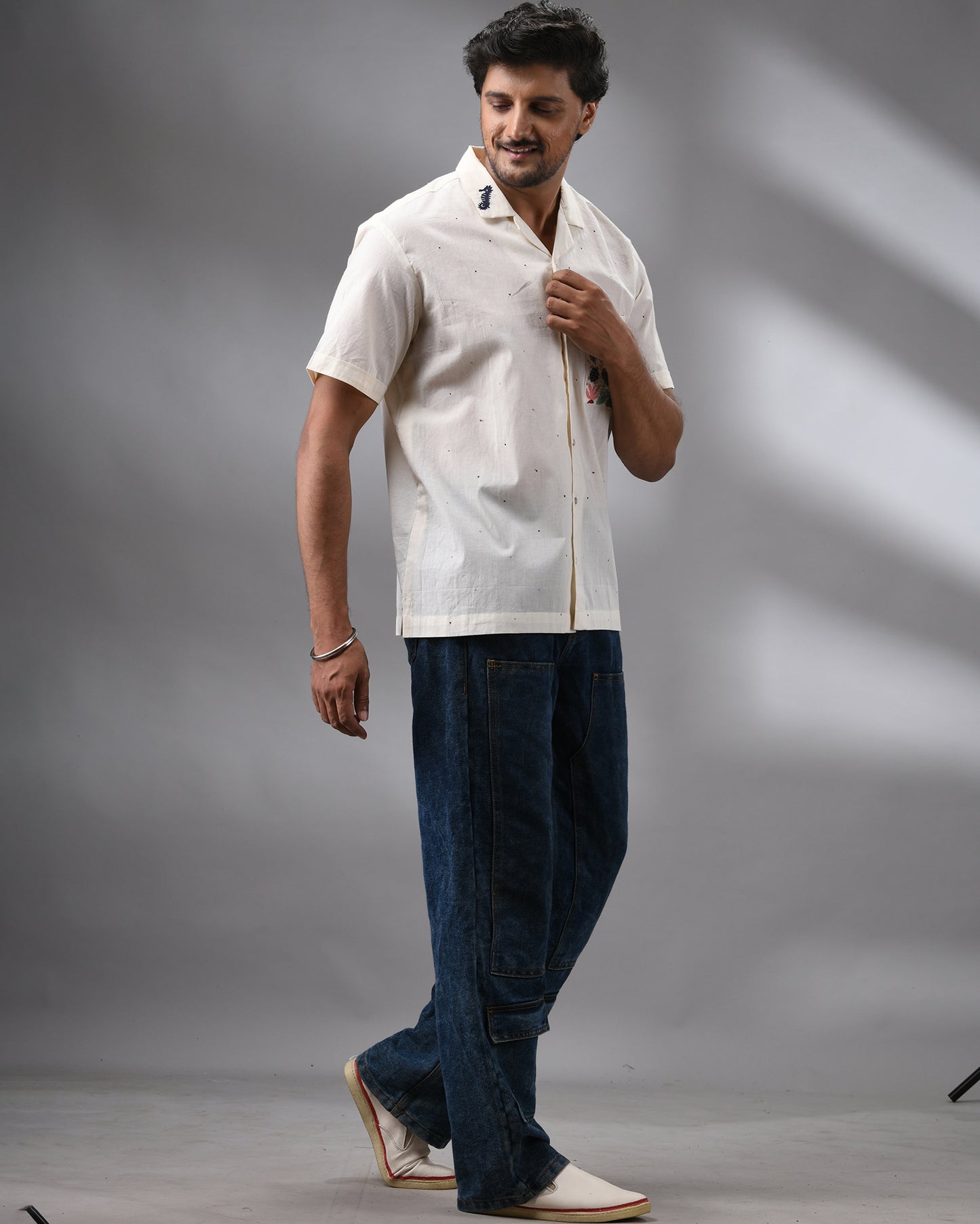 Ocean - Kora Thread Embroidery Half Sleeve Cuban Collar Shirt 100% Cotton for Men (Unisex)