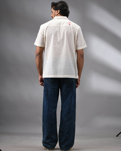 Ocean - Kora Thread Embroidery Half Sleeve Cuban Collar Shirt 100% Cotton for Men (Unisex)