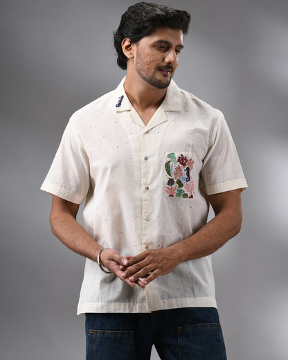 Ocean - Kora Thread Embroidery Half Sleeve Cuban Collar Shirt 100% Cotton for Men (Unisex)