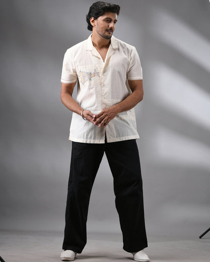Machli - Kantha Hand Embroidery Half Sleeve Cuban Collar Shirt 100% Cotton for Men (Unisex)