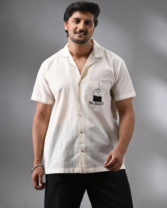 Tea Addict - Kora Thread Embroidery Half Sleeve Cuban Collar Shirt 100% Cotton for Men (Unisex)