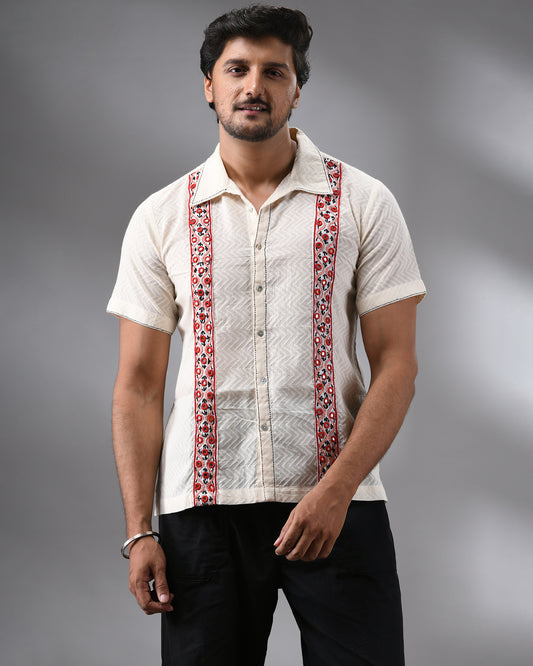 Mirror - Hand Embroidery Half Sleeve Regular Collar Shirt 100% Cotton for Men (Unisex)