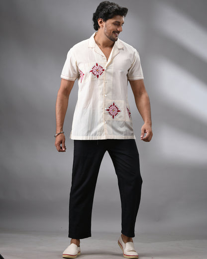 Barfi - Kantha Hand Embroidery Half Sleeve Cuban Collar Shirt 100% Cotton for Men (Unisex)