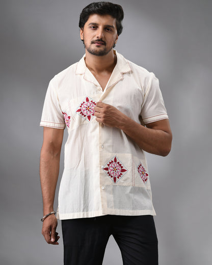Barfi - Kantha Hand Embroidery Half Sleeve Cuban Collar Shirt 100% Cotton for Men (Unisex)