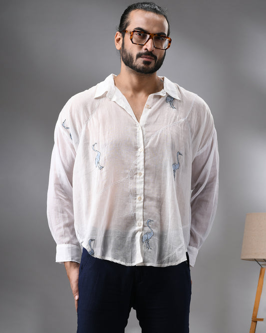 Mulmul Flamingo - Light Blue Kantha Hand Embroidery Full Sleeve Regular Collar Shirt 100% Cotton for Men (Unisex)