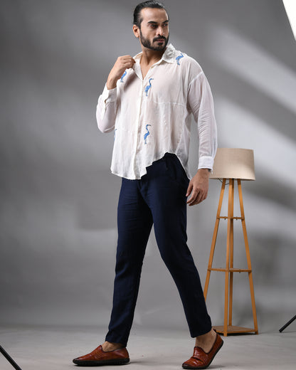 Mulmul Flamingo - Dark Blue Kantha Hand Embroidery Full Sleeve Regular Collar Shirt 100% Cotton for Men (Unisex)
