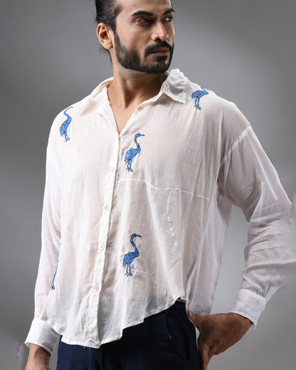 Mulmul Flamingo - Dark Blue Kantha Hand Embroidery Full Sleeve Regular Collar Shirt 100% Cotton for Men (Unisex)