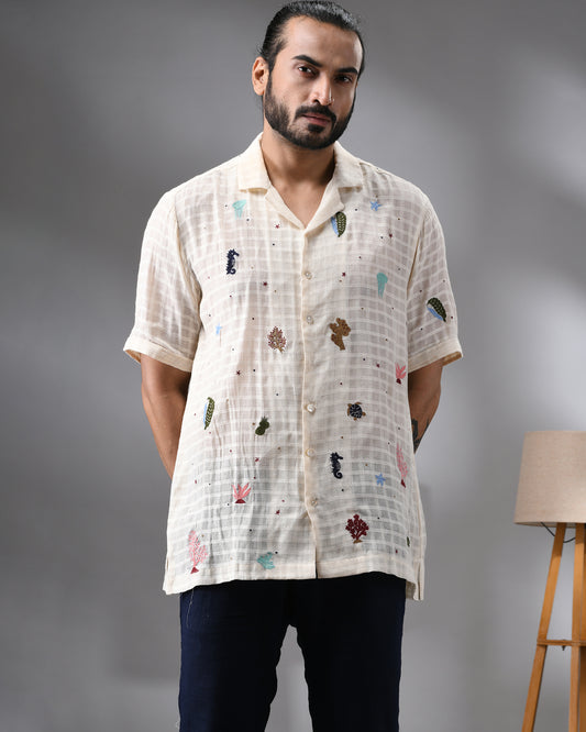 Ocean - Emboss Kora Thread Embroidery Half Sleeve Cuban Collar Shirt 100% Cotton for Men (Unisex)