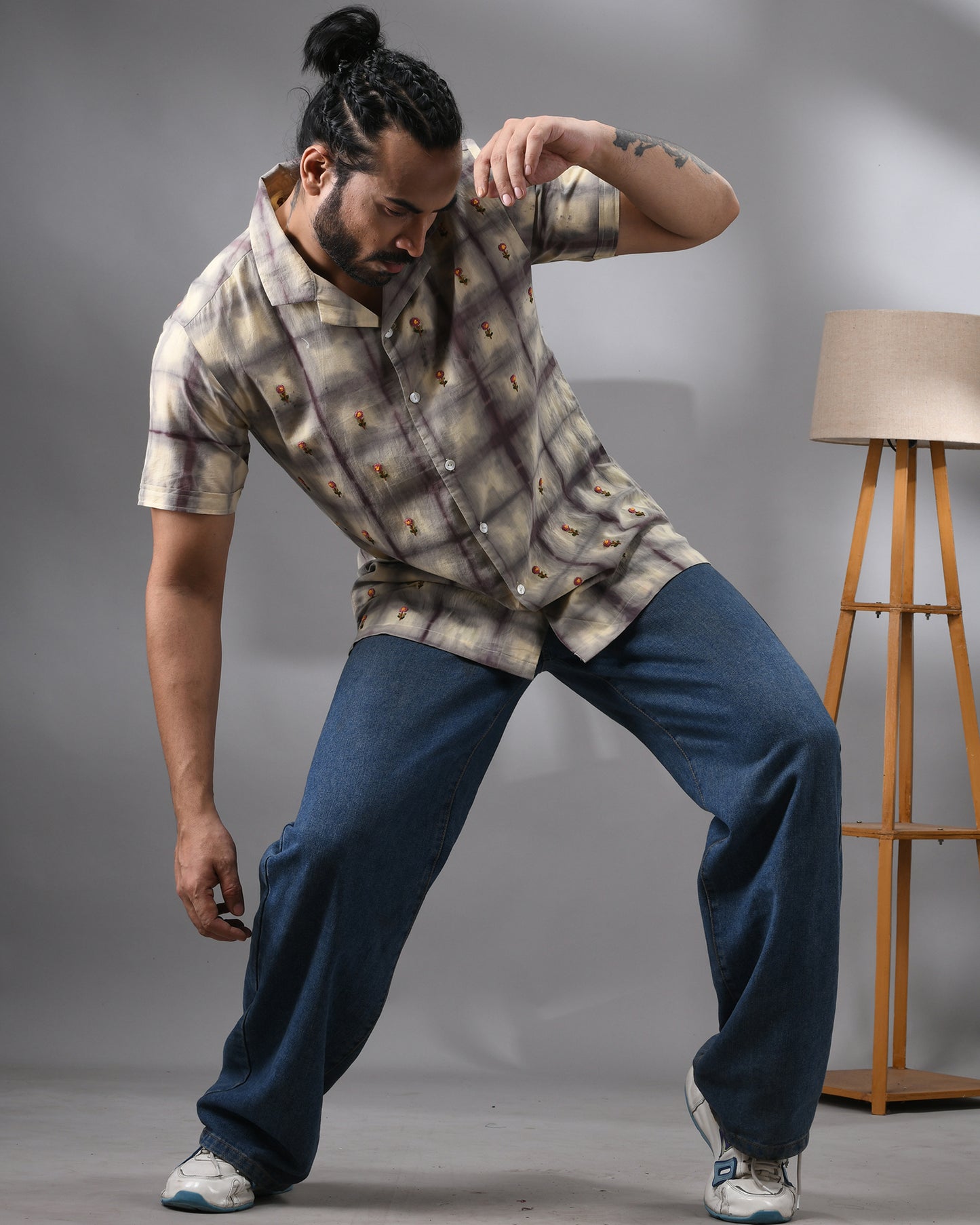 Natural Dye Grid - With Parsee Hand Embroidery Half Sleeve Cuban Collar Shirt 100% Cotton for Men (Unisex)