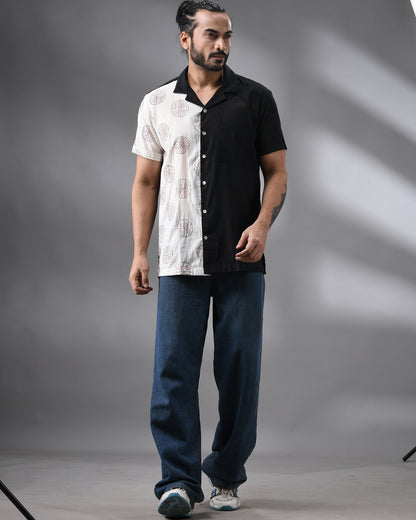 Pizza - Kantha Hand Embroidery Half Sleeve Cuban Collar Shirt 100% Cotton for Men (Unisex)