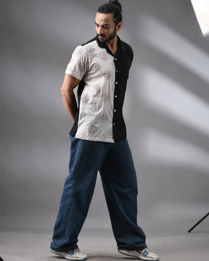 Pizza - Kantha Hand Embroidery Half Sleeve Cuban Collar Shirt 100% Cotton for Men (Unisex)