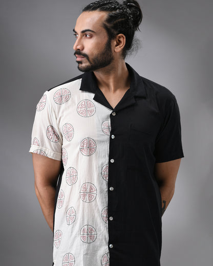 Pizza - Kantha Hand Embroidery Half Sleeve Cuban Collar Shirt 100% Cotton for Men (Unisex)