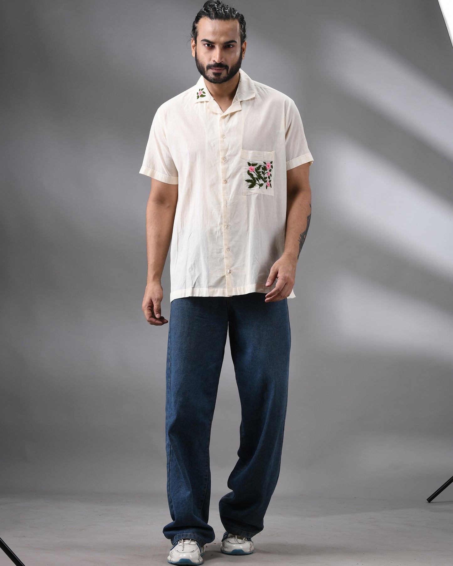 Flower Pot - Parsee Hand Embroidery Half Sleeve Cuban Collar Shirt 100% Cotton for Men (Unisex)