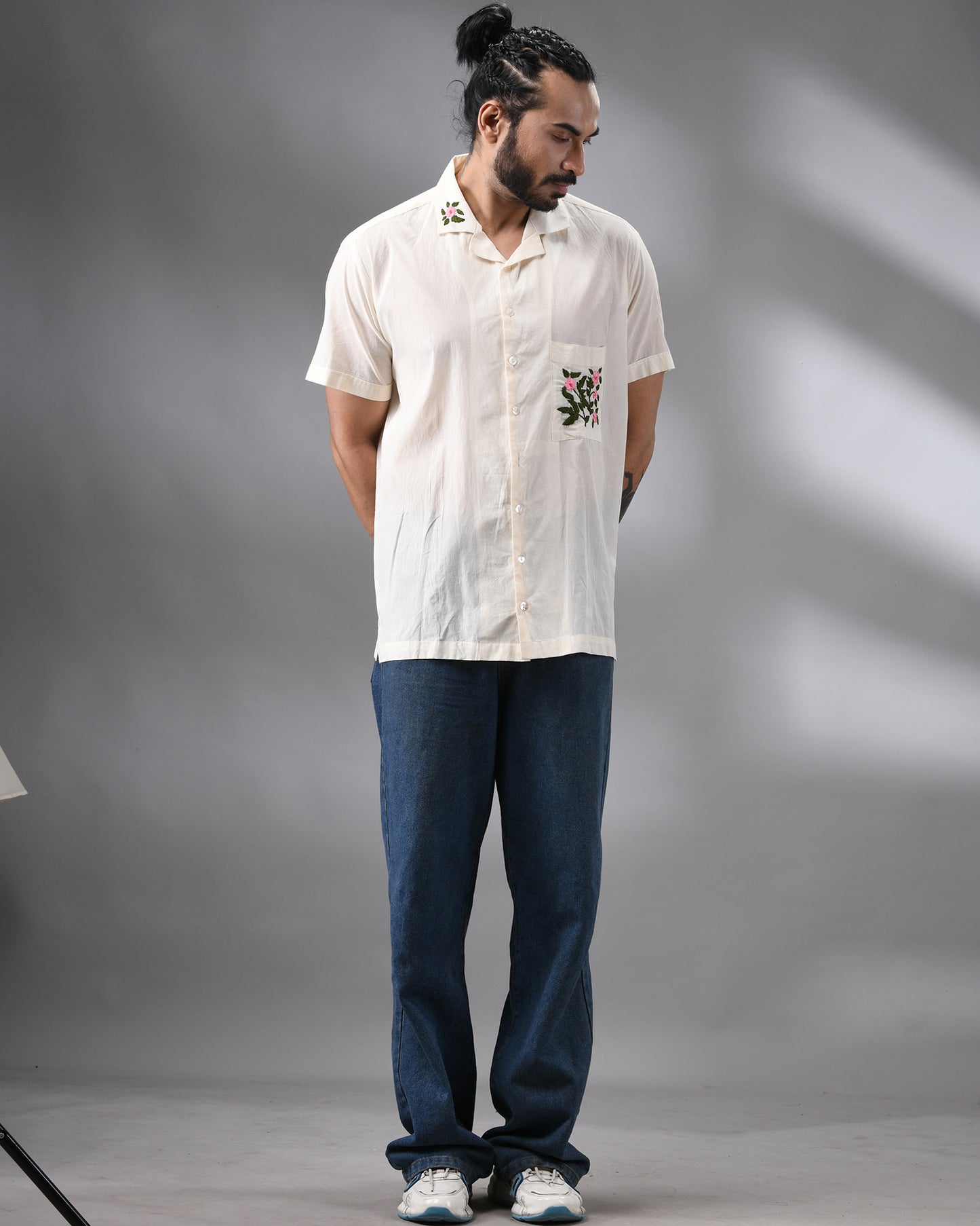 Flower Pot - Parsee Hand Embroidery Half Sleeve Cuban Collar Shirt 100% Cotton for Men (Unisex)