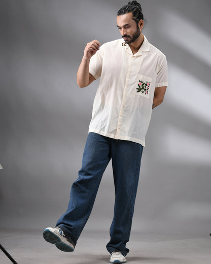 Flower Pot - Parsee Hand Embroidery Half Sleeve Cuban Collar Shirt 100% Cotton for Men (Unisex)